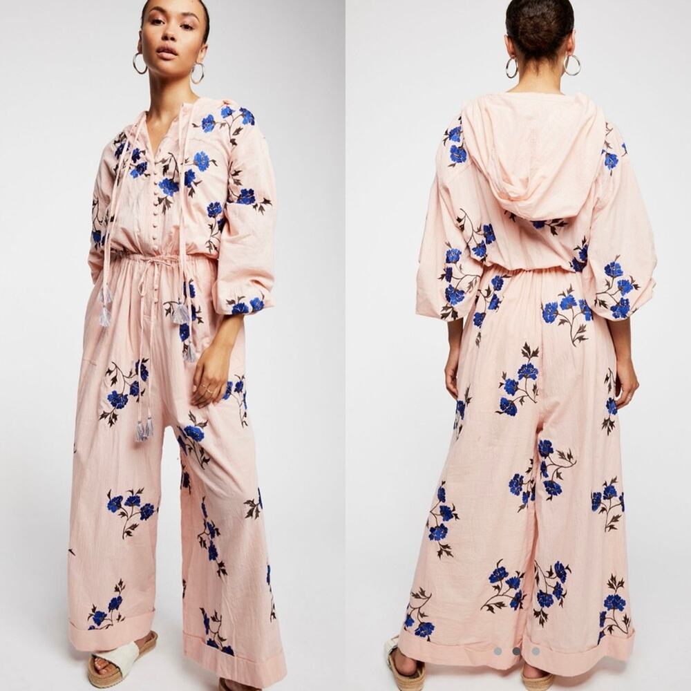 Free People Pink Floral Hooded Jumpsuit with Blue Flowers